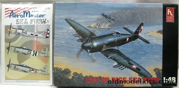 Hobby Craft 1/48 Hawker Sea Fury F.B.II / F.B.60  - 'Bay of Pigs' Two Aircraft / Pakistan Air Force + AeroMaster Sea Fury Decals Part 1 Cuba FEAC 1957 / Netherlands Kon Marine Sept 1952 / FAA HMS Ocean off Korea 1952 (Mig-15 victory by Lt. Carmichael), HC1532 plastic model kit